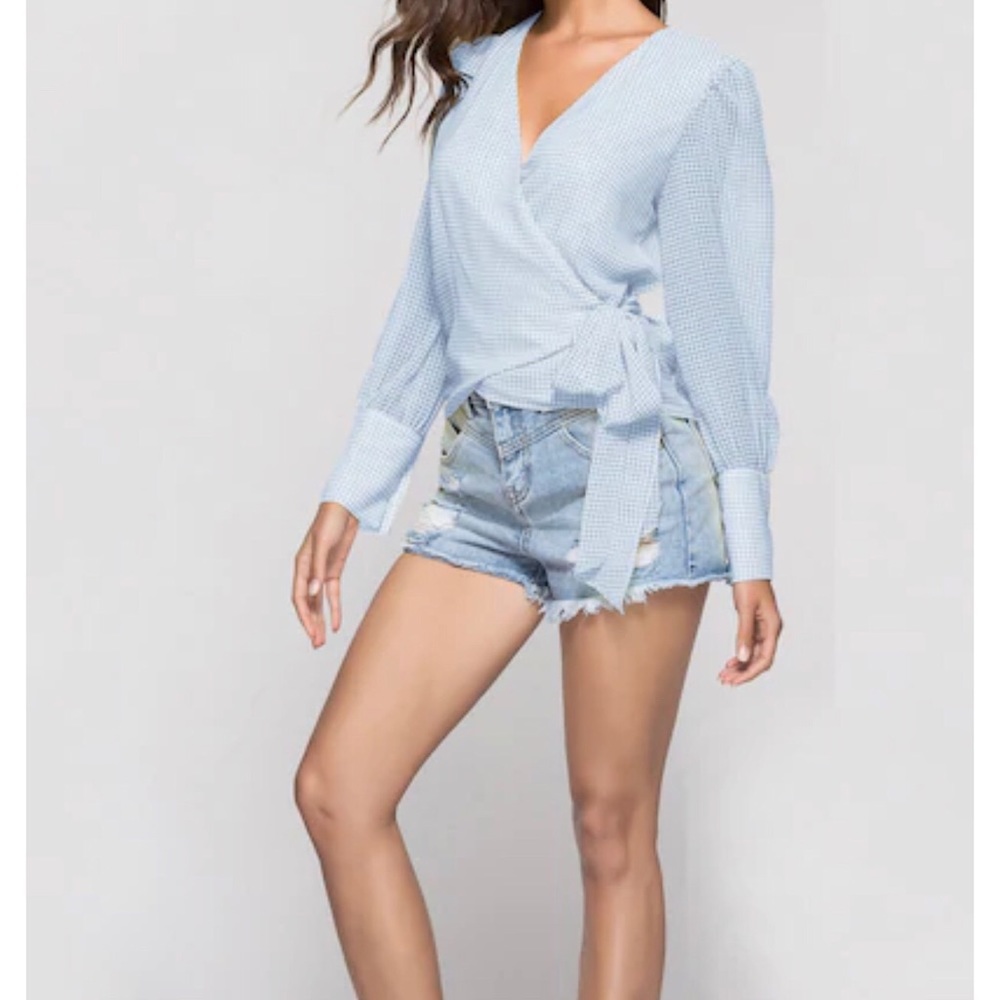 Sheer Wrap Top Blouse Blue and White - Picture 3 of 4